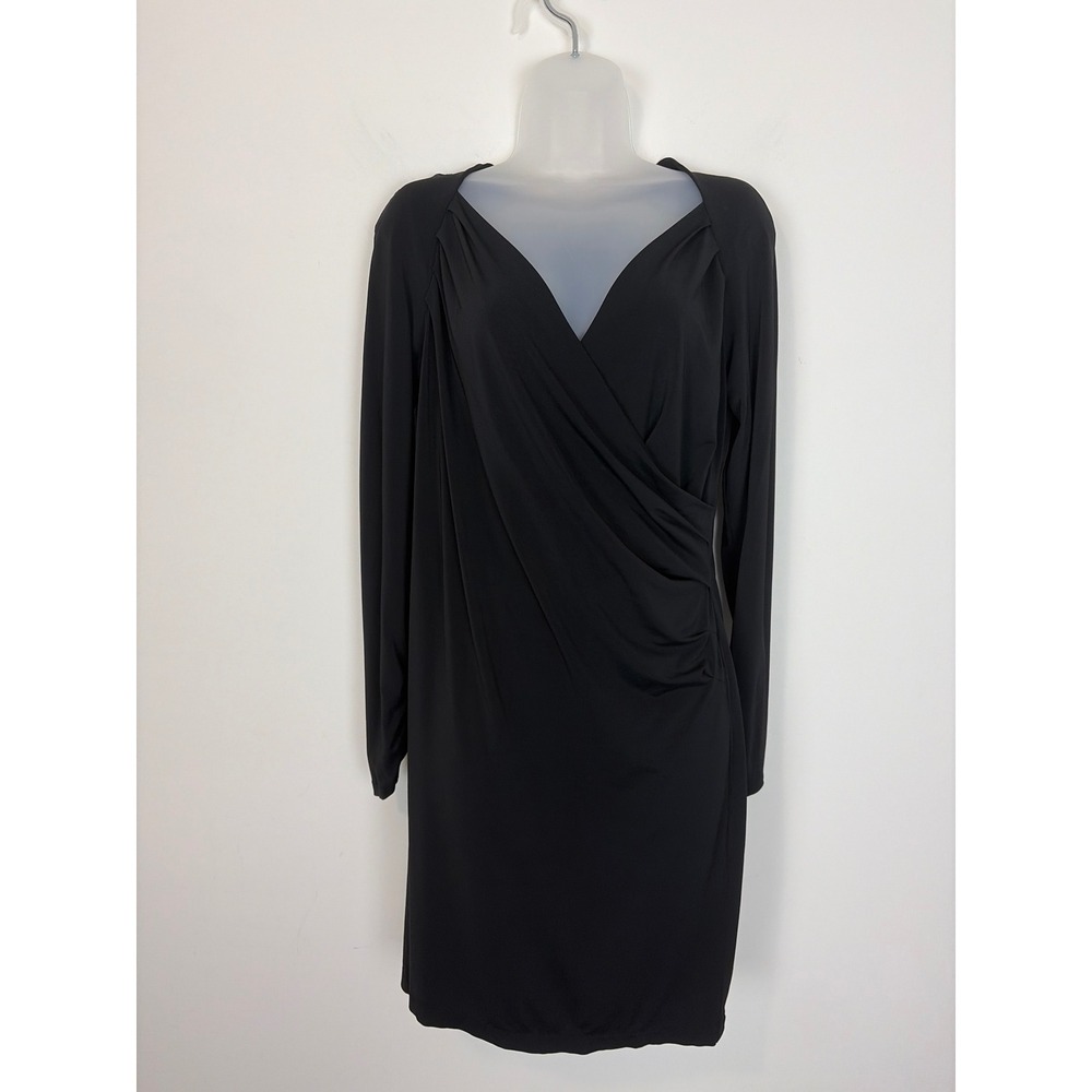 Lafayette 148 Ruched Sheath Dress Black Sz 12 V-Neck Long Sleeve  Stretch Career